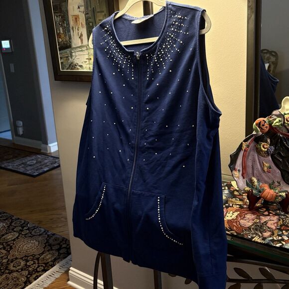 Quacker Factory Womens XL Studded Velour Zip-Up Vest Pockets Relaxed Fit Blue - Picture 3 of 12